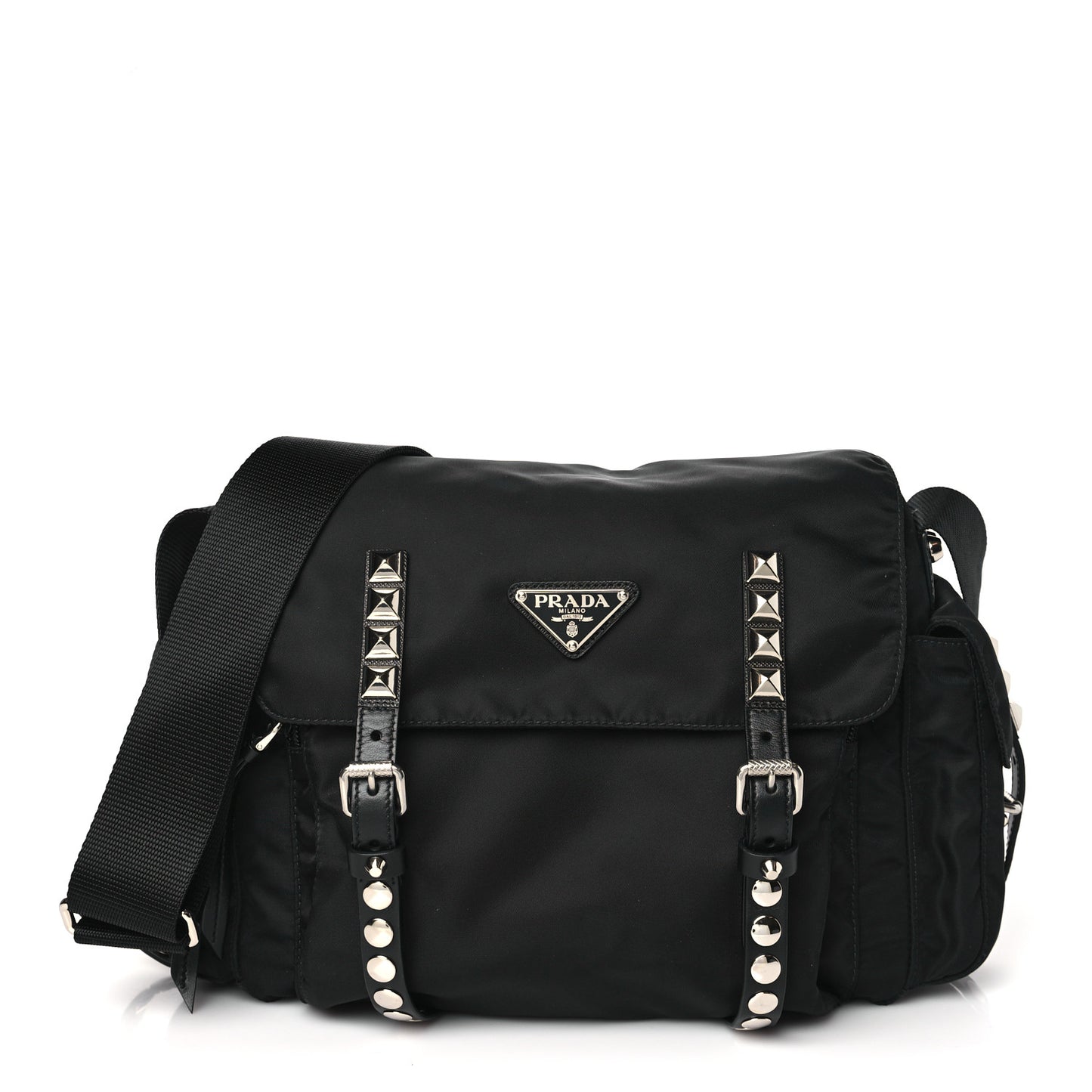 Nylon New Vela Studded Messenger Bag Black