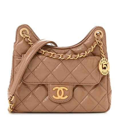 Chanel Shiny Crumpled Calfskin Quilted Small Wavy CC Hobo Dark Beige 1 of 11