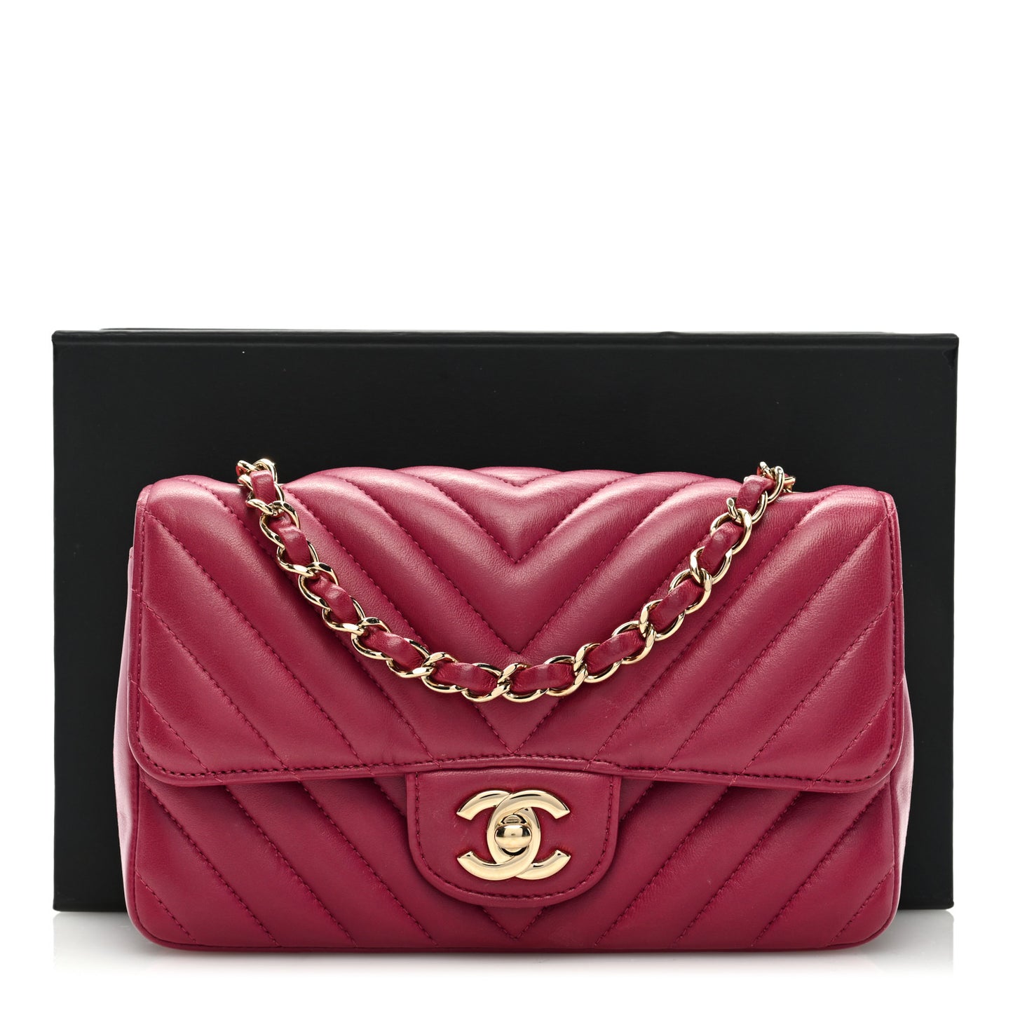 Lambskin Chevron Quilted Mini Rectangular Flap Dark Pink