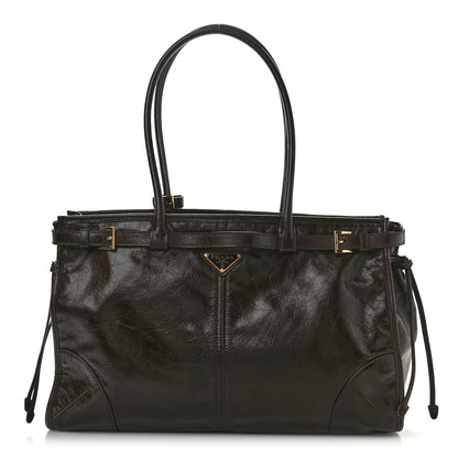 Prada Shiny Nappa Large Shoulder Bag Dark Brown 1 of 9