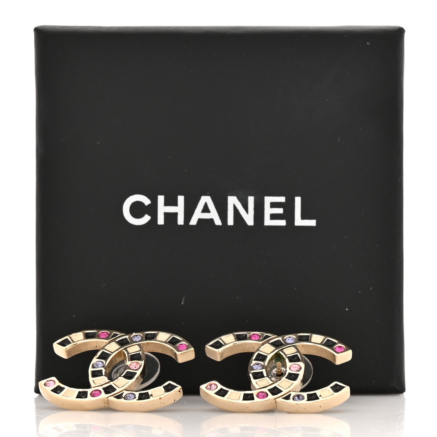Chanel Crystal Enamel Large CC Earrings Gold Black White Pink 5 of 5