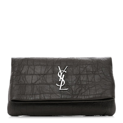Saint Laurent Crocodile Embossed Calfskin West Hollywood Monogram Fold Over Clutch Earth 1 of 6