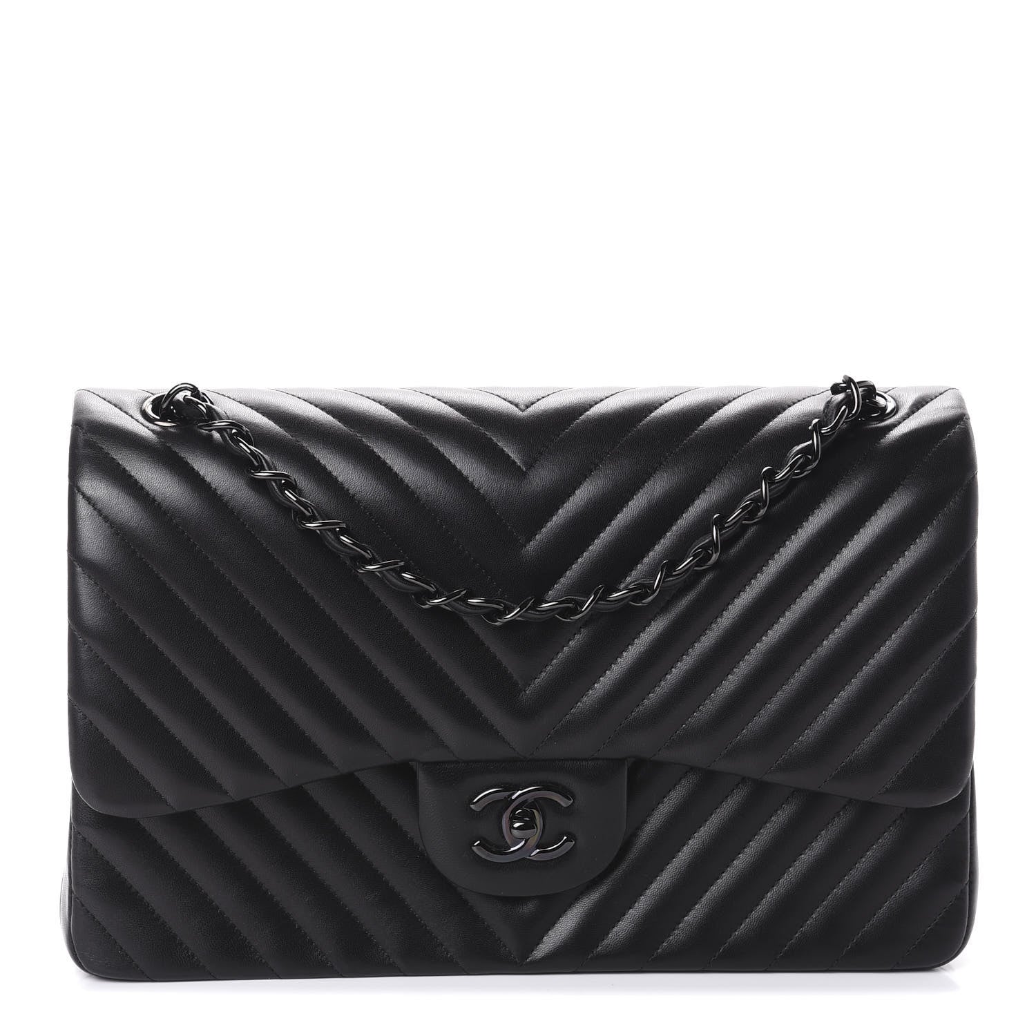 Chanel Lambskin Chevron Quilted Jumbo Double Flap So Black 1 of 10