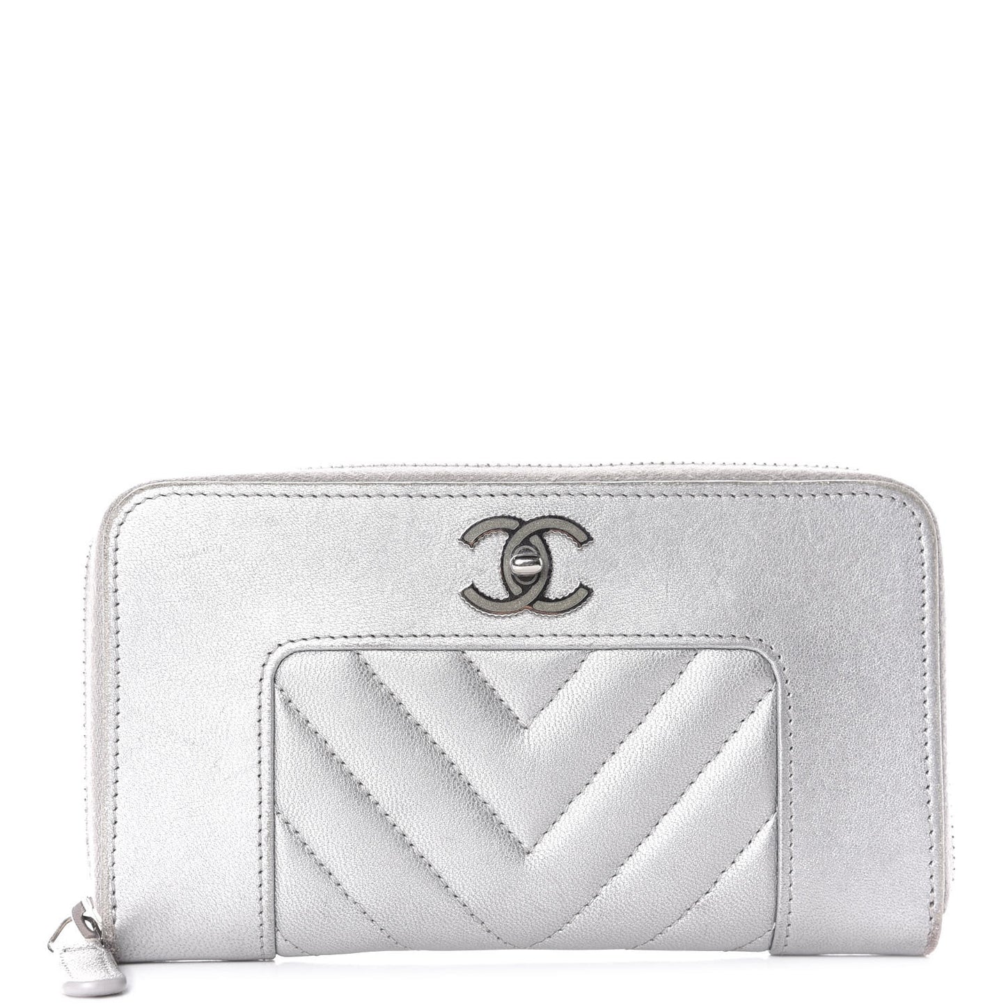 Metallic Sheepskin Chevron Quilted Medium Mademoiselle Vintage Zip Around Wallet Silver
