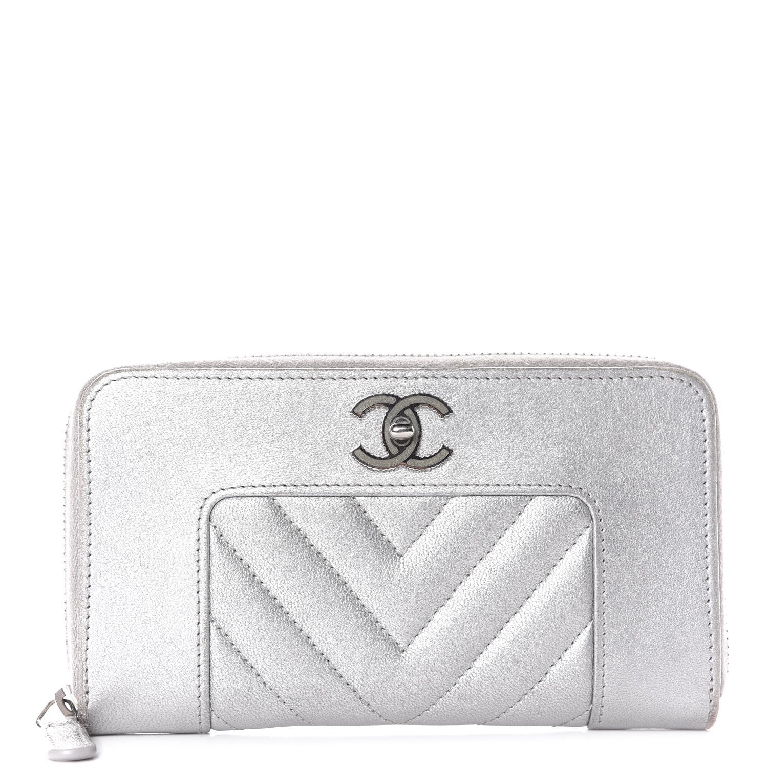 Chanel Metallic Sheepskin Chevron Quilted Medium Mademoiselle Vintage Zip Around Wallet Silver 1 of 14