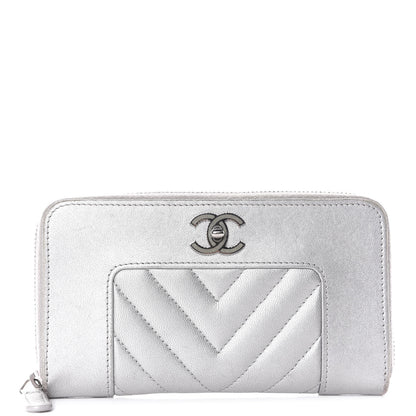 Chanel Metallic Sheepskin Chevron Quilted Medium Mademoiselle Vintage Zip Around Wallet Silver 1 of 14