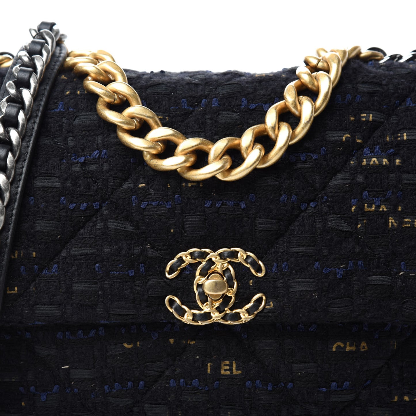 Tweed Quilted Large Chanel 19 Flap Black Navy Gold