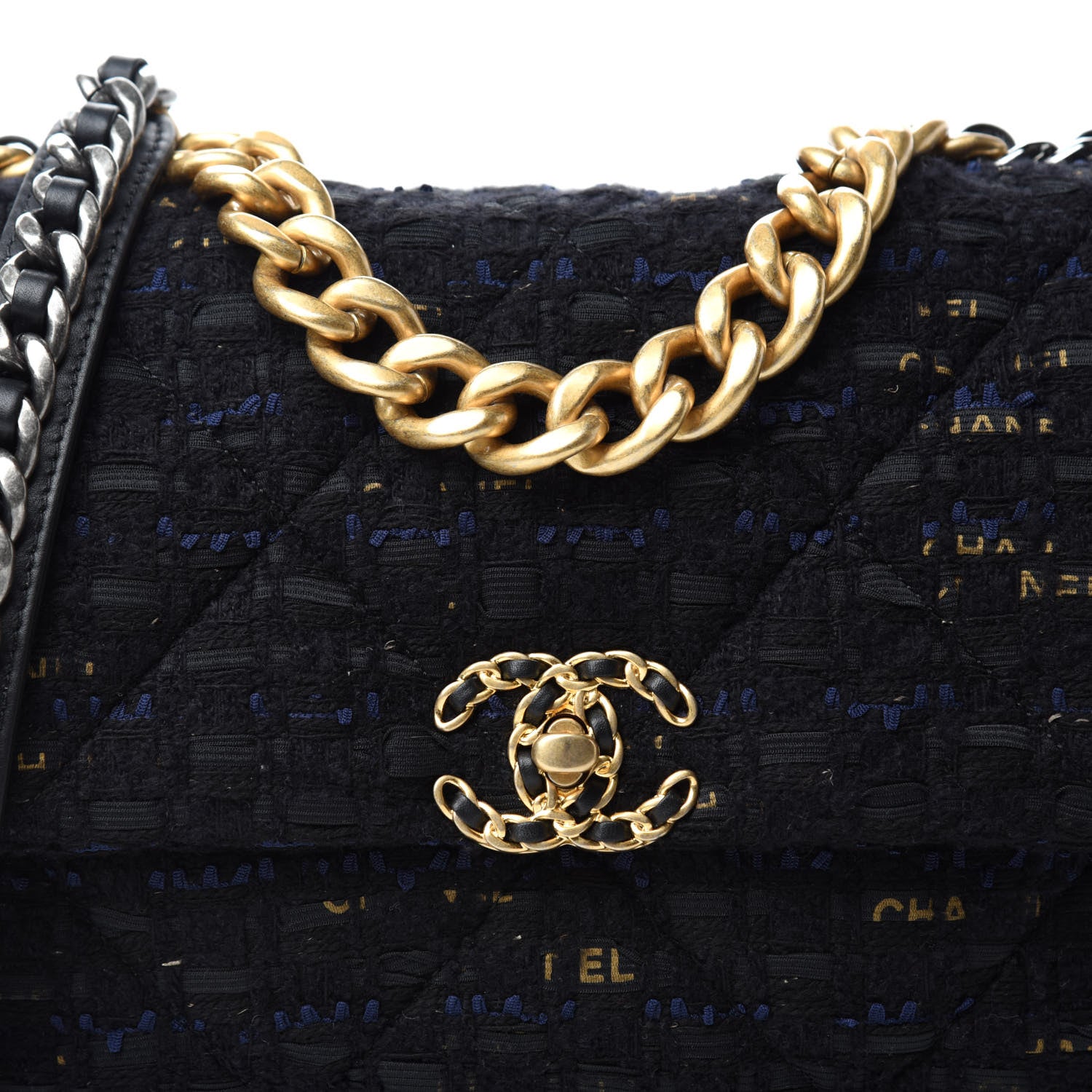 Chanel Tweed Quilted Large Chanel 19 Flap Black Navy Gold 10 of 10