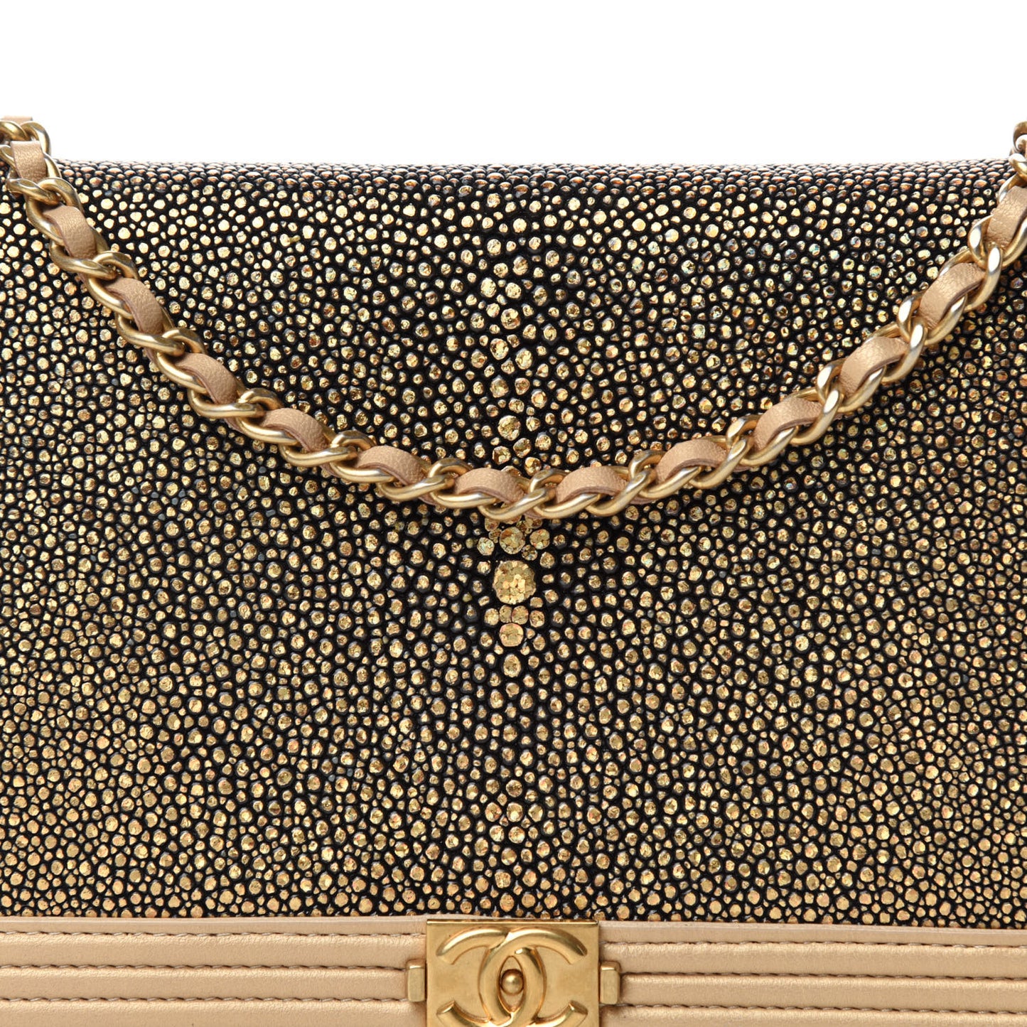 Metallic Galuchat Stingray Lambskin Boy Wallet On Chain WOC Gold