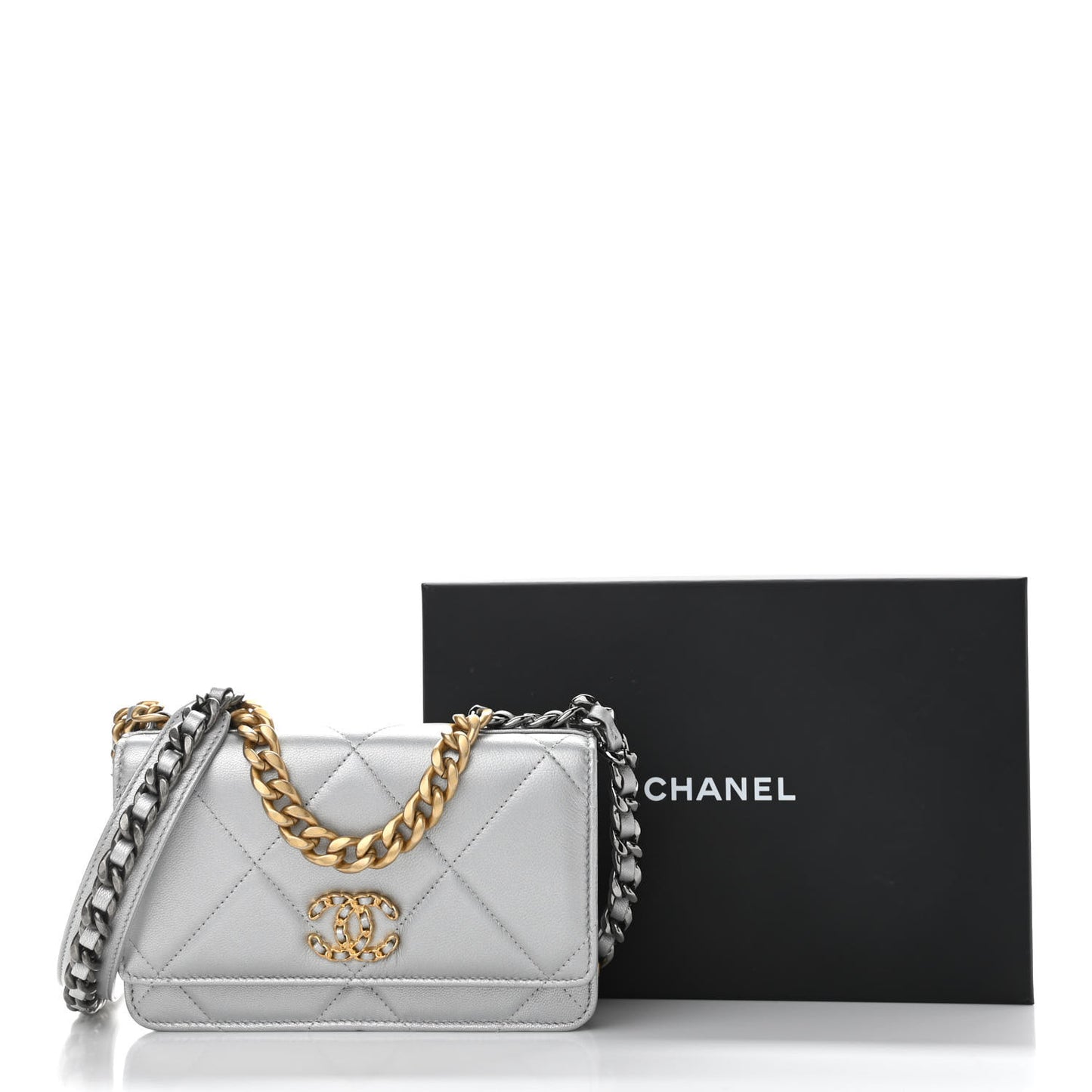 Metallic Lambskin Quilted Chanel 19 Wallet On Chain WOC Silver