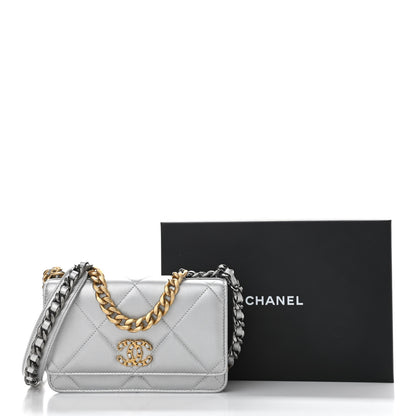 Chanel Metallic Lambskin Quilted Chanel 19 Wallet On Chain WOC Silver 12 of 12