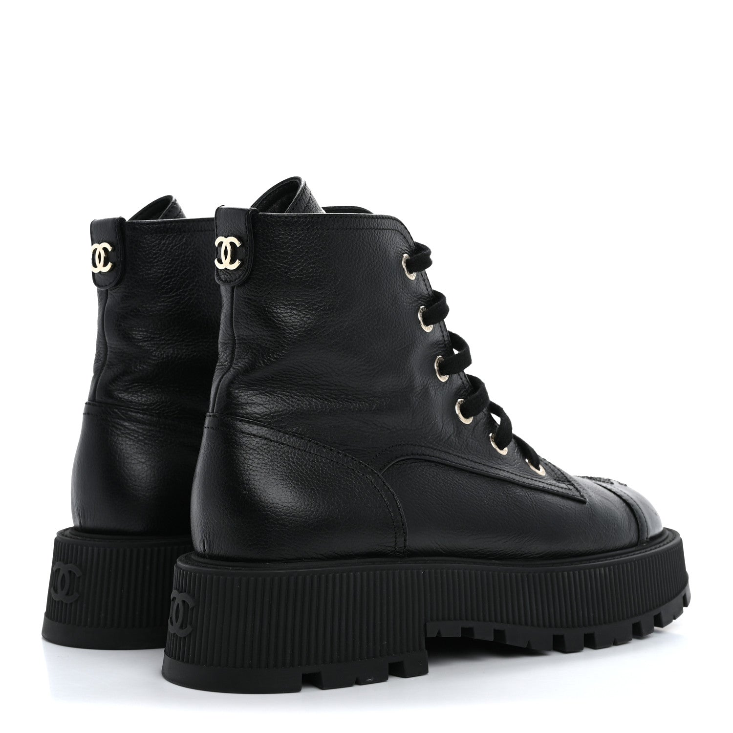 Chanel Grained Calfskin Shiny Calfskin CC Lace Up Combat Boots 40 Black 5 of 14