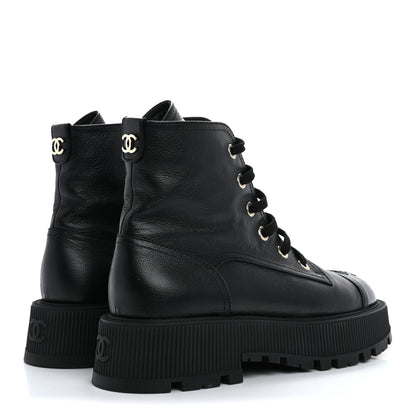 Chanel Grained Calfskin Shiny Calfskin CC Lace Up Combat Boots 40 Black 5 of 14