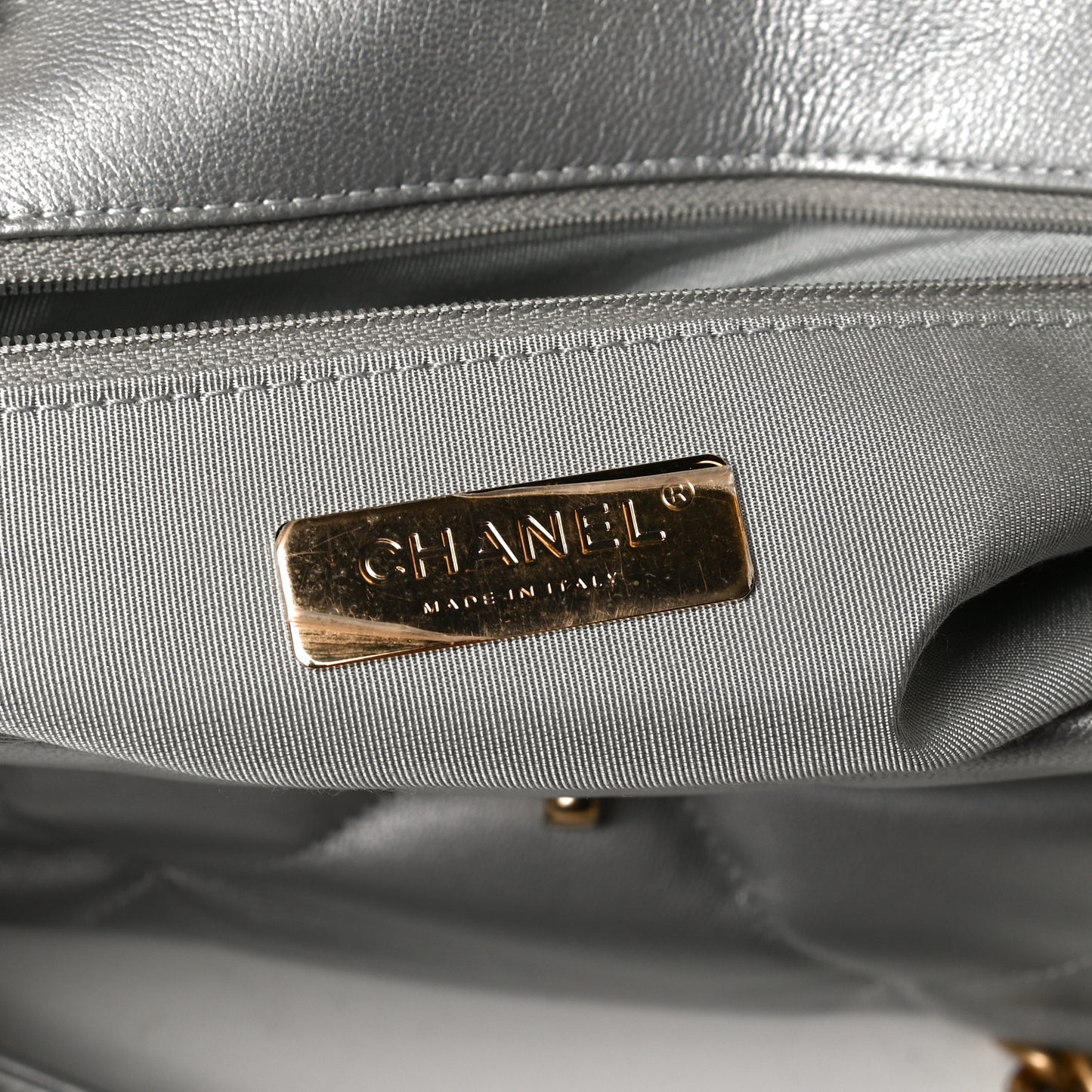 Metallic Goatskin Quilted Large Chanel 19 Flap Silver