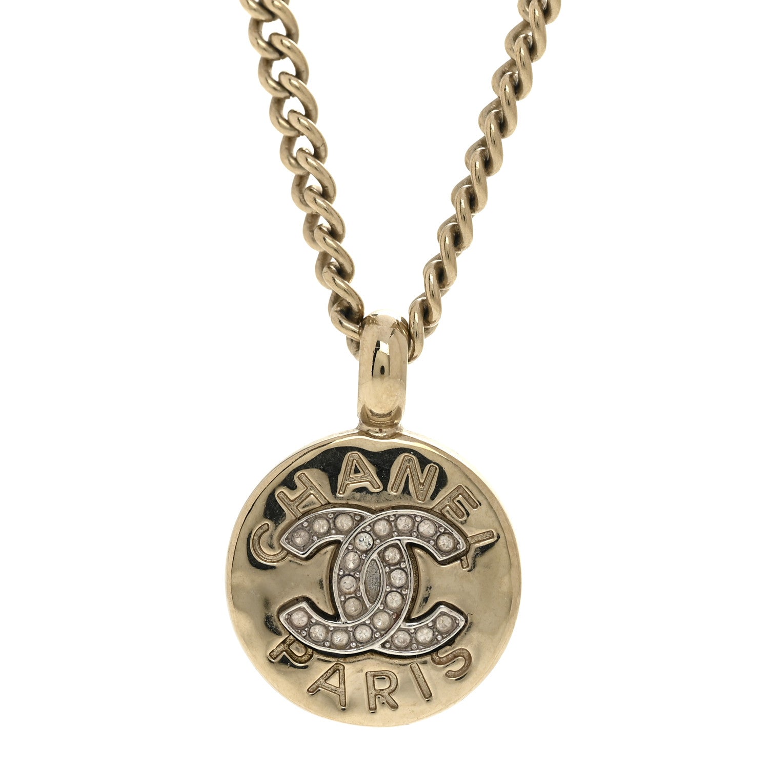 Chanel Metal Crystal CC Round Pendant Necklace Gold 6 of 7