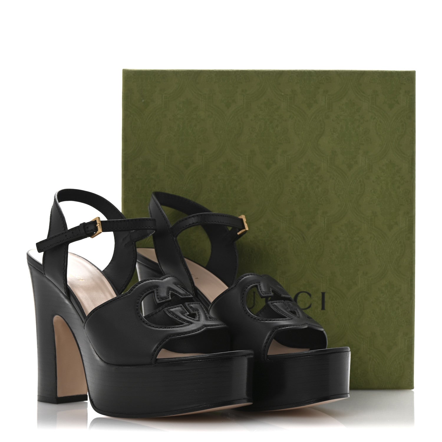 Gucci Cosmos Softy Calfskin Wooden Interlocking G Cut-Out 30/120mm Platform Sandals 40.5 Black 10 of 10