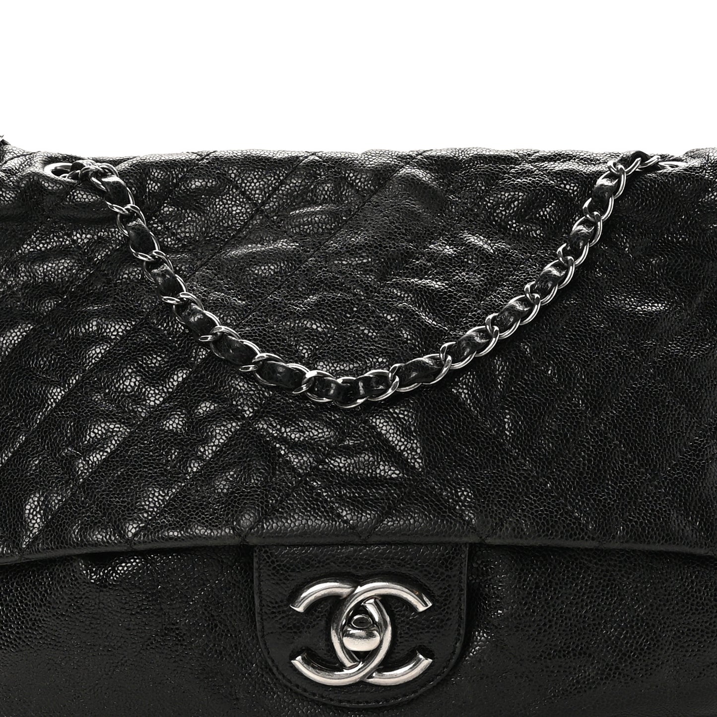 Crumpled Caviar Quilted Maxi Elastic Flap Black