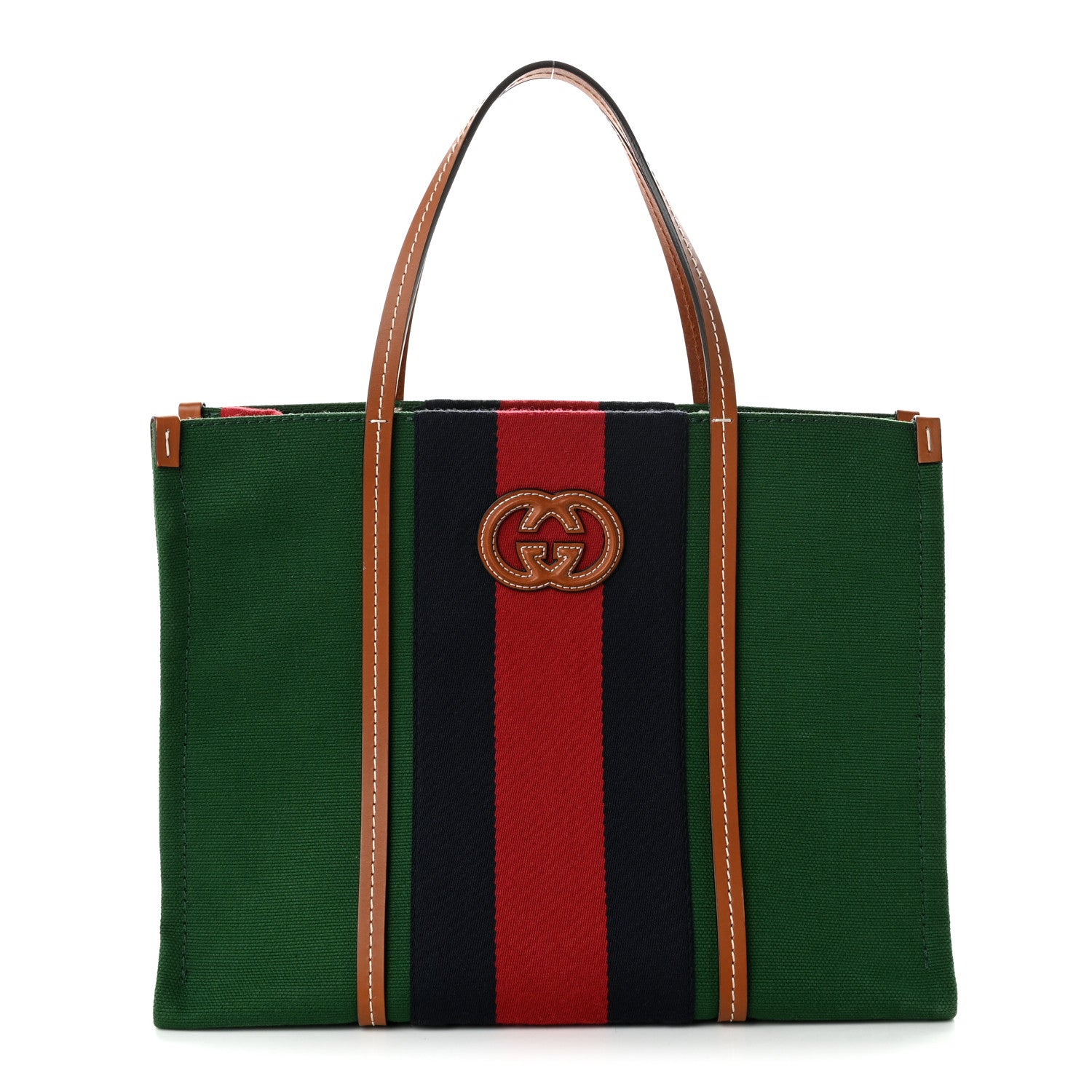 Gucci Canvas Calfskin Web Small Interlocking G Tote Bag Green Red 1 of 10