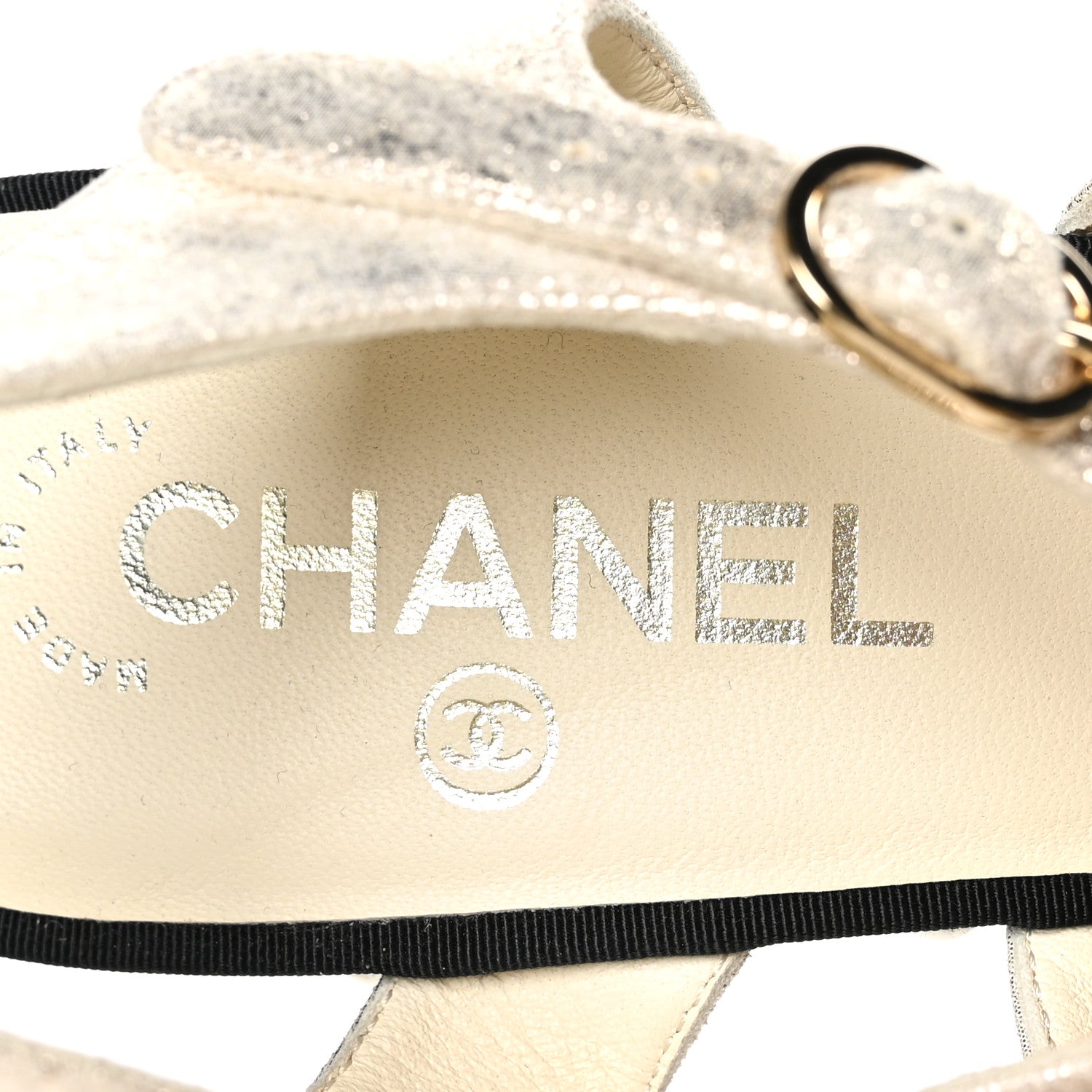 Chanel Metallic Crumpled Calfskin Grosgrain Pearl Wedge Sandals 39 Black Silver 7 of 9