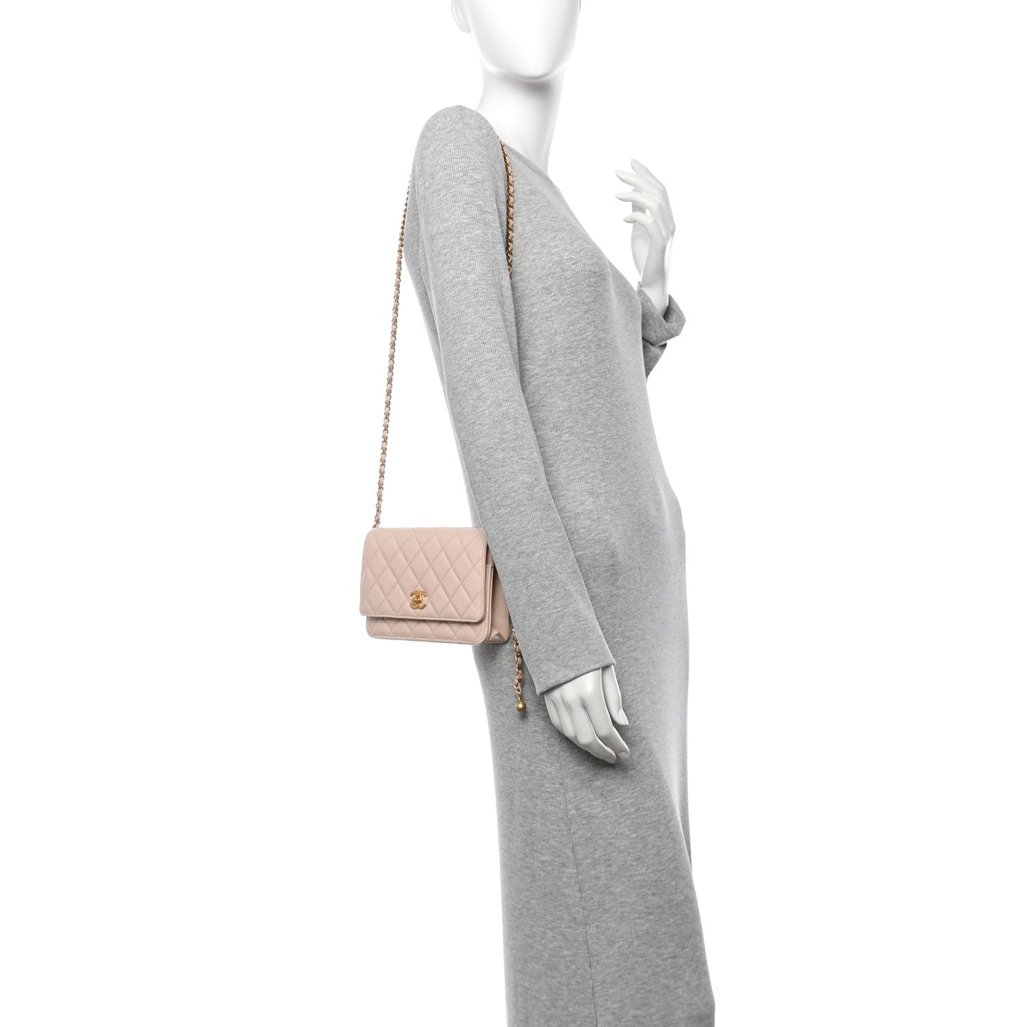 Chanel Lambskin Quilted CC Pearl Crush Wallet on Chain WOC Light Beige 2 of 14