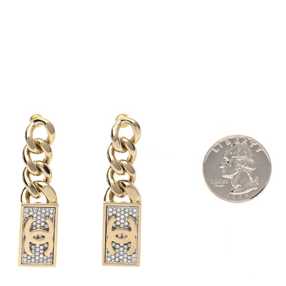 Chanel Crystal Dog Tag Charm Earrings Gold 2 of 5