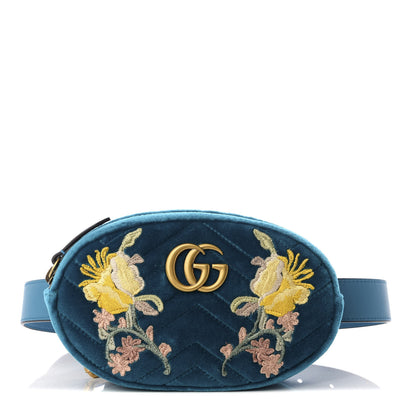 Gucci Velvet Matelasse Embroidered GG Marmont Belt Bag 75 30 Pavone Cyan 1 of 8