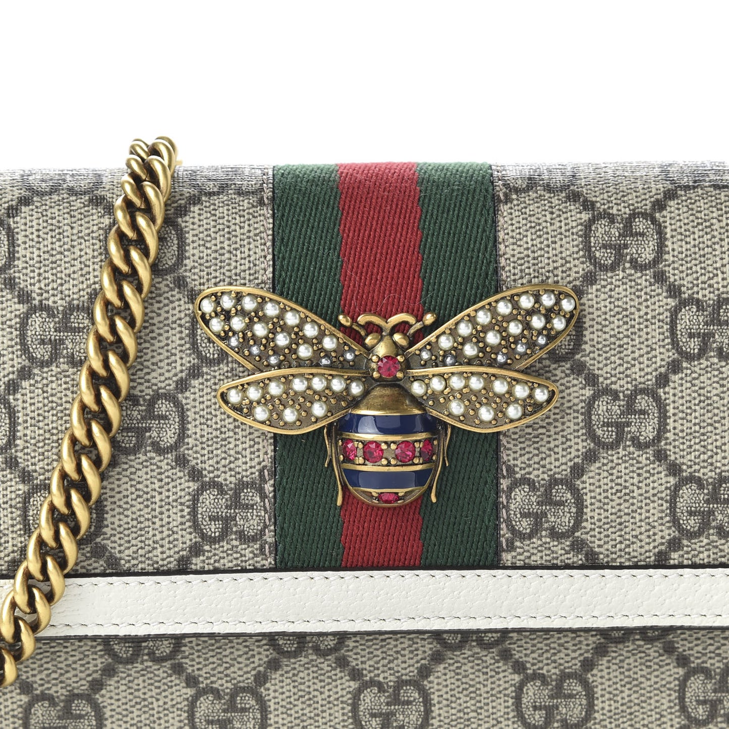 GG Supreme Monogram Web Queen Margaret Chain Wallet White