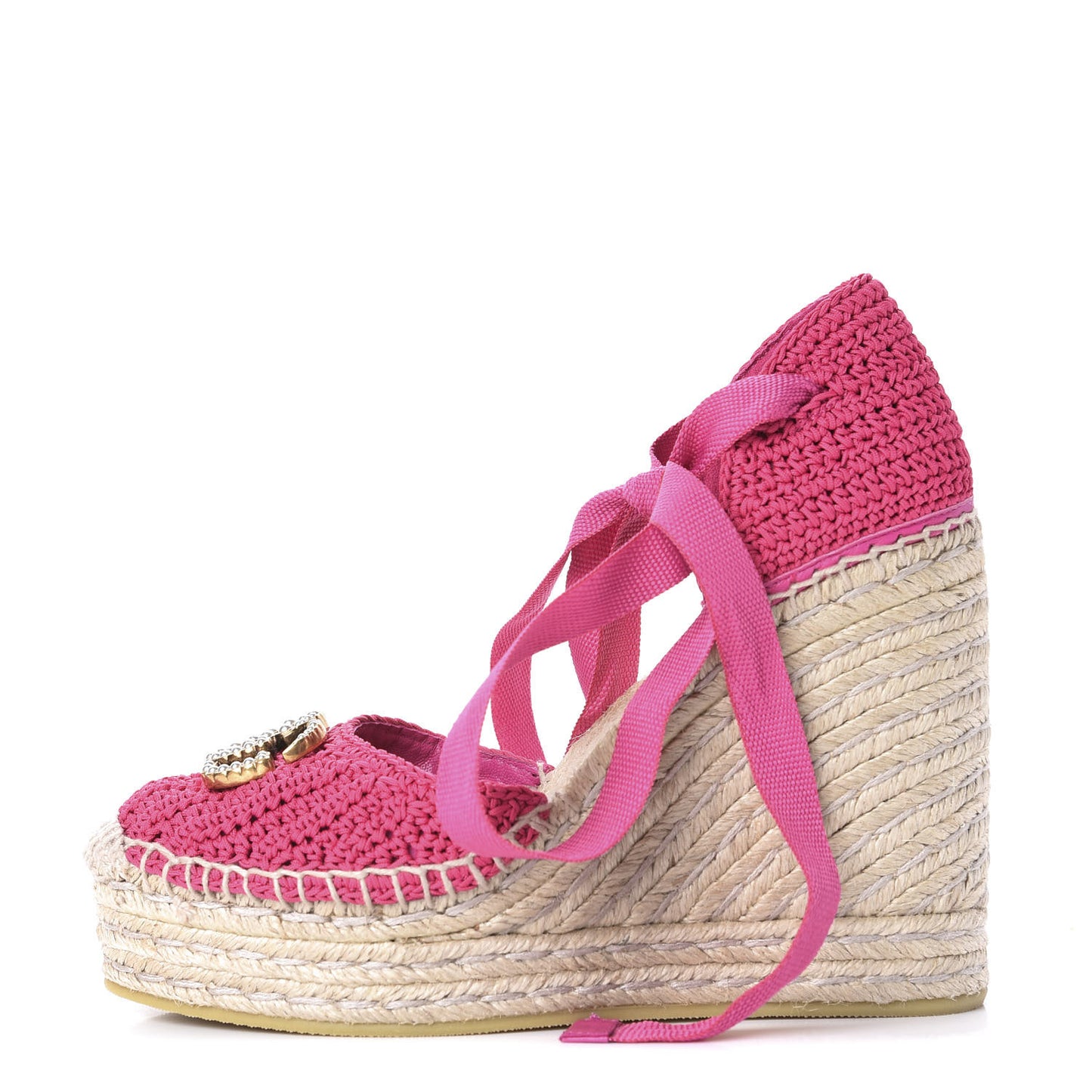 Cotton Crochet Pearly GG Ankle Wrap Platform Espadrille Wedges 36 Cyclamen Rose