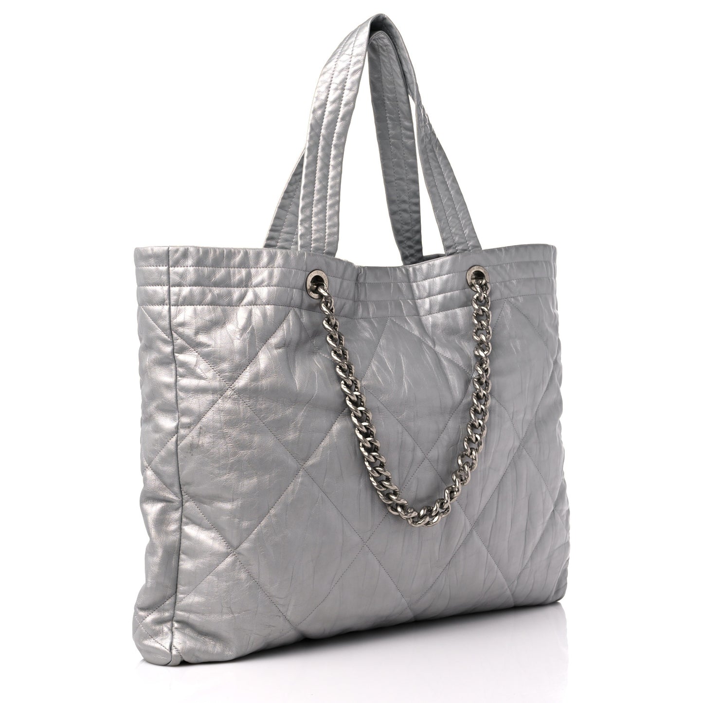 Iridescent Calfskin Quilted Ground Control Tote Silver