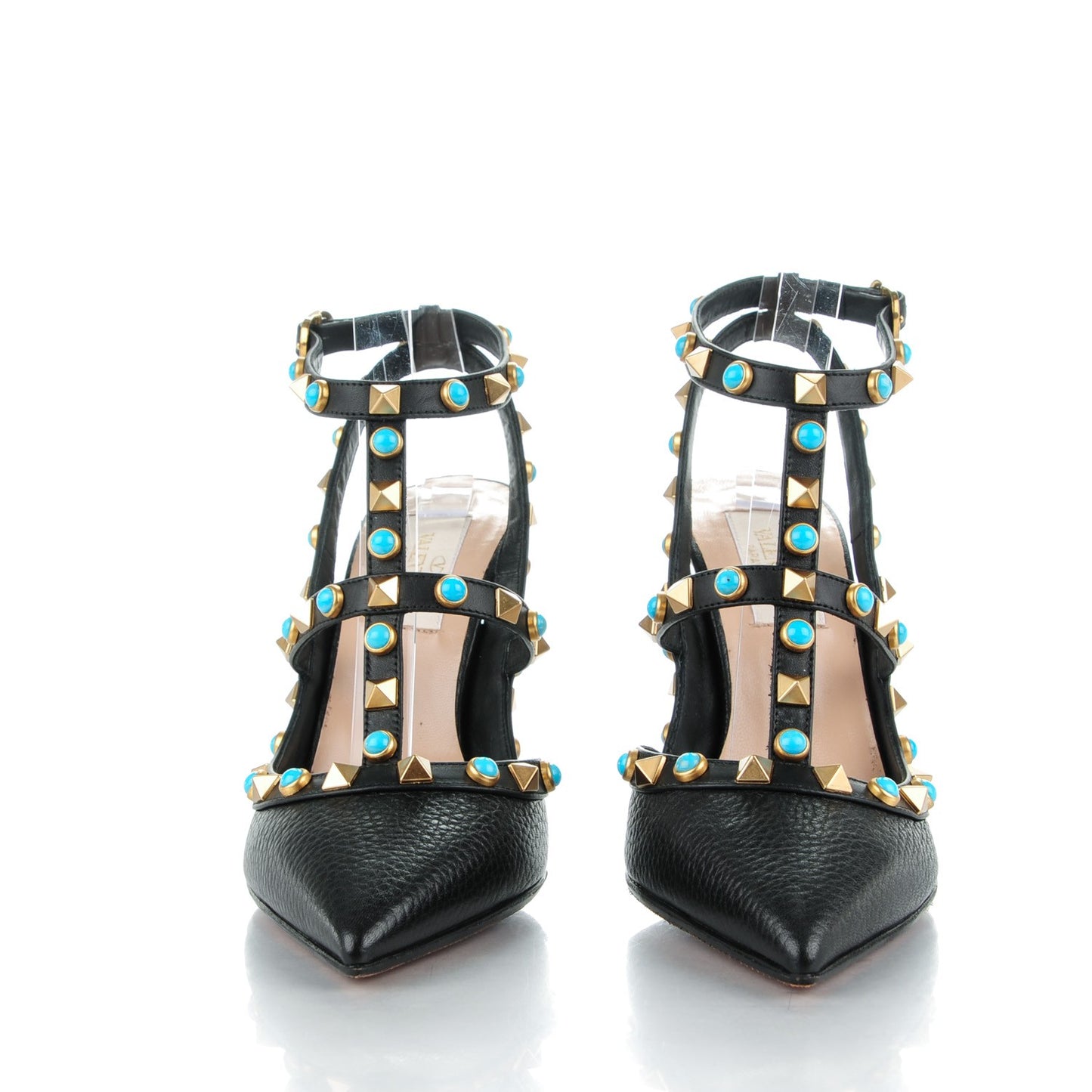 Pebbled Calfskin Turquoise Rockstud Rolling Ankle Strap 100mm Pumps 34.5 Black