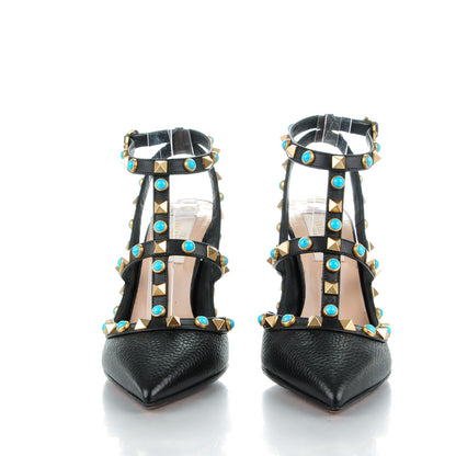 Valentino Garavani Pebbled Calfskin Turquoise Rockstud Rolling Ankle Strap 100mm Pumps 34.5 Black 2 of 8