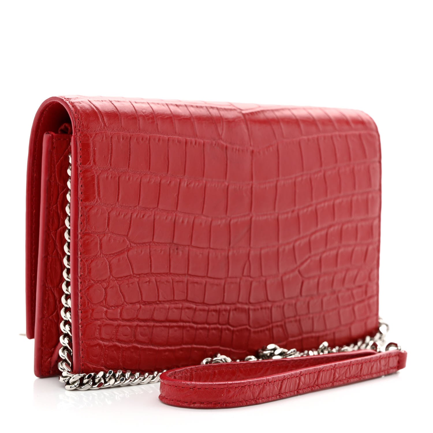 Saint Laurent Calfskin Crocodile Embossed Kate Monogram Tassel Chain Wallet Rouge Eros 3 of 14