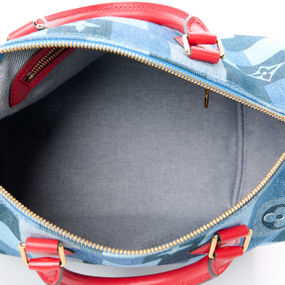 Louis Vuitton Denim Damier Monogram Patchwork Speedy Bandouliere 30 Blue Rouge 5 of 10