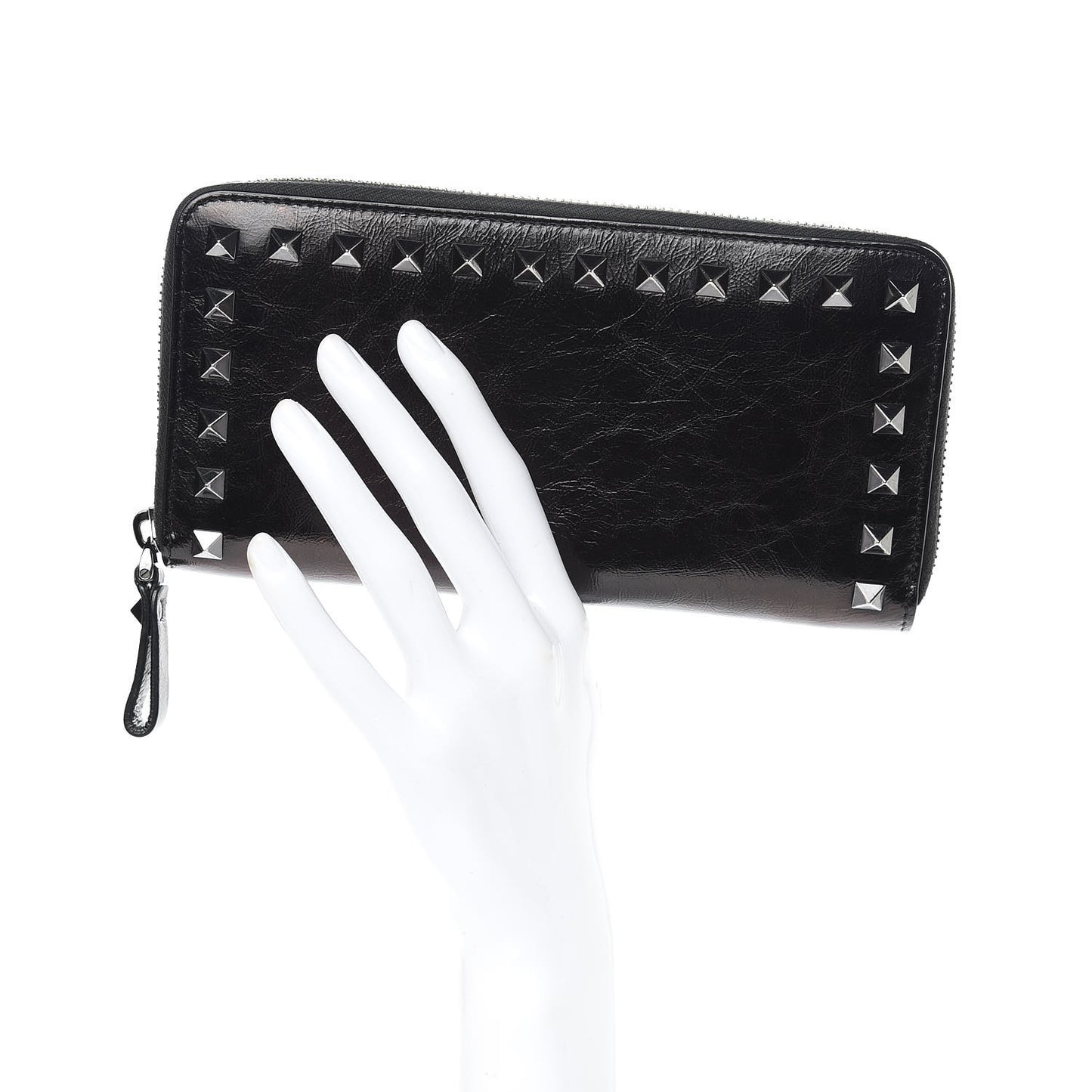 Craquele Calfskin Rockstud Zip Around Wallet Black