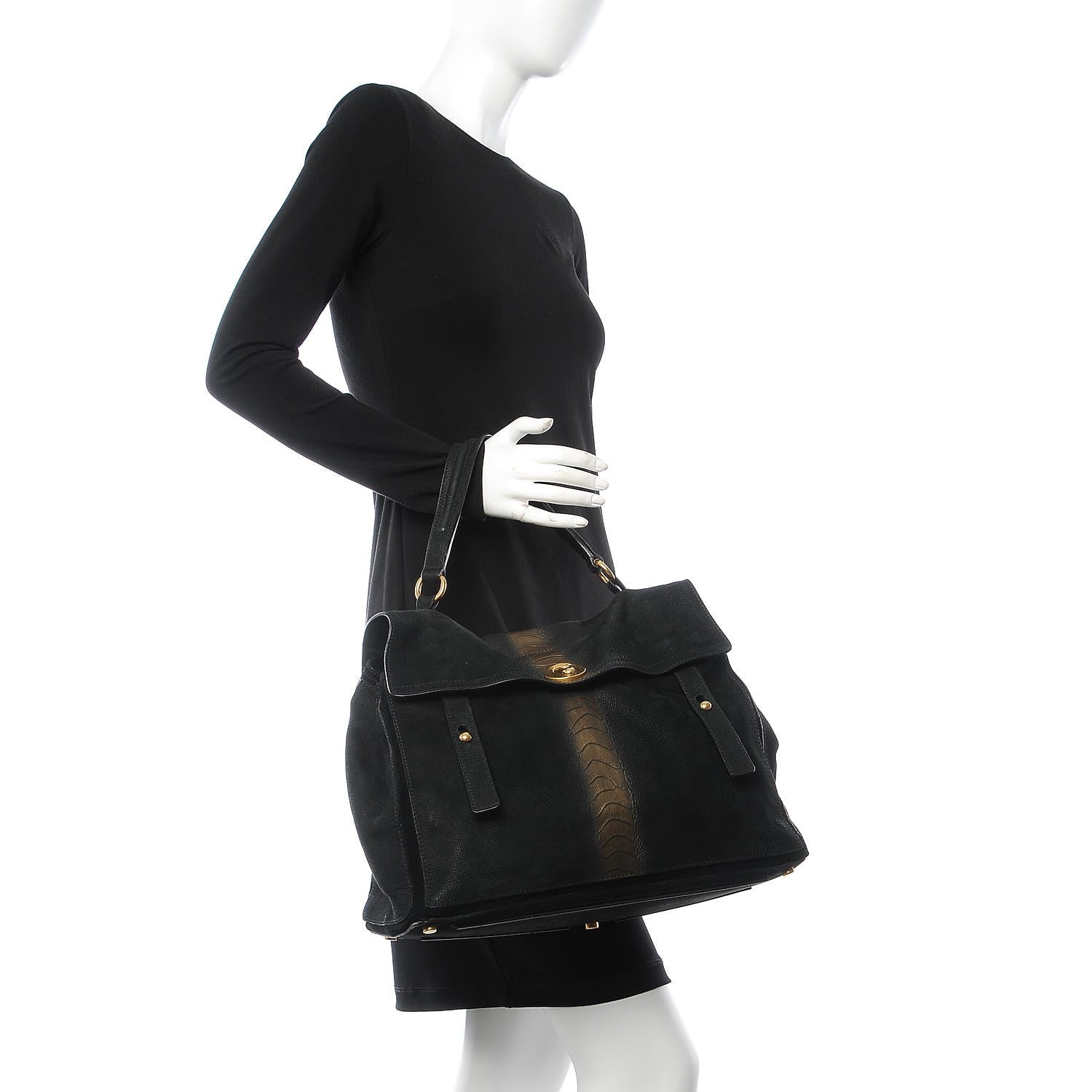 Saint Laurent Nubuck Croc Embossed Large Muse Two Black Gold 2 of 8