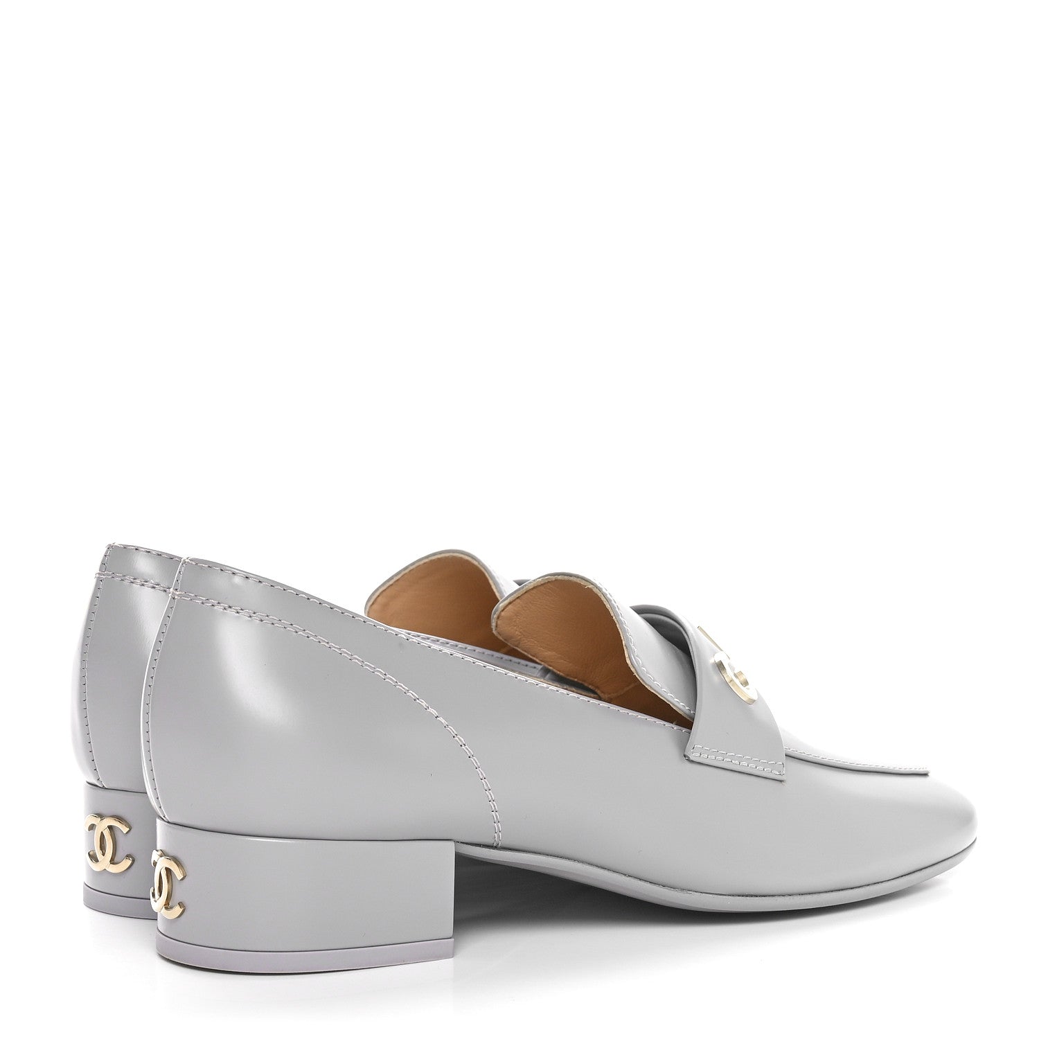 Chanel Shiny Calfskin Logo Loafers 36.5 Light Grey 4 of 10