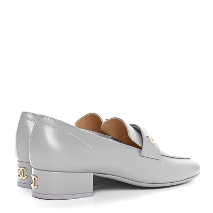 Chanel Shiny Calfskin Logo Loafers 36.5 Light Grey 4 of 10