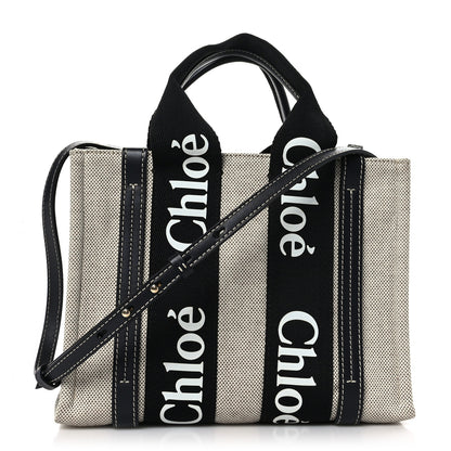 Chloe Cotton Calfskin Small Woody Ribbon Tote With Strap Black Blue 1 of 8