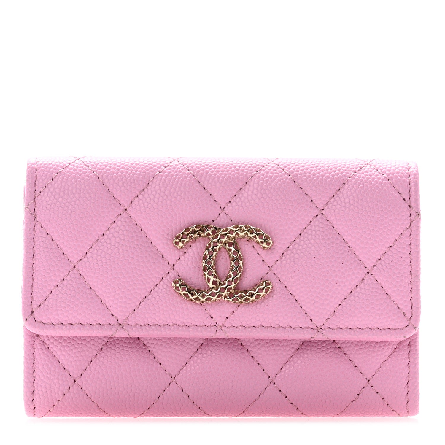 Chanel Caviar Metal Perforated Quilted CC Flap Card Holder Pink Green 1 of 8