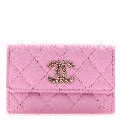 Chanel Caviar Metal Perforated Quilted CC Flap Card Holder Pink Green 1 of 8