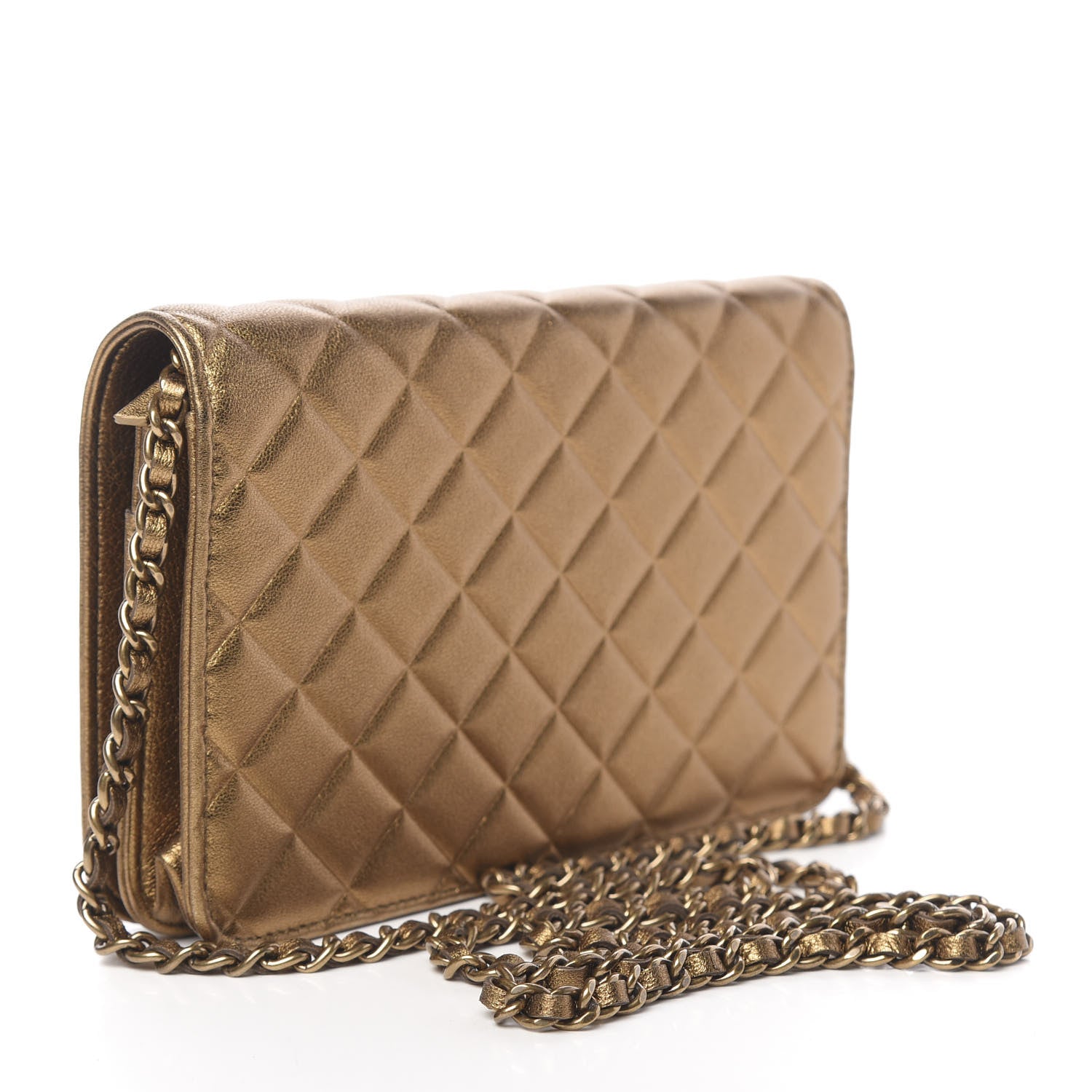 Chanel Metallic Goatskin Quilted Diamond CC Wallet On Chain WOC Gold 3 of 14