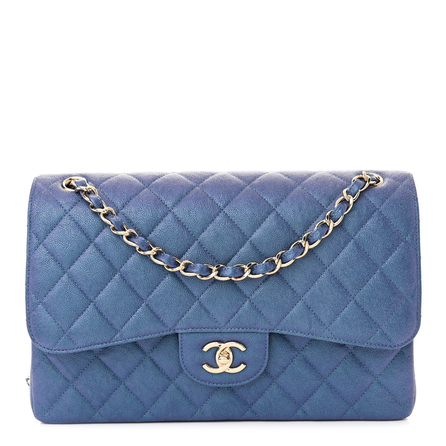 Iridescent Caviar Quilted Jumbo Double Flap Dark Blue