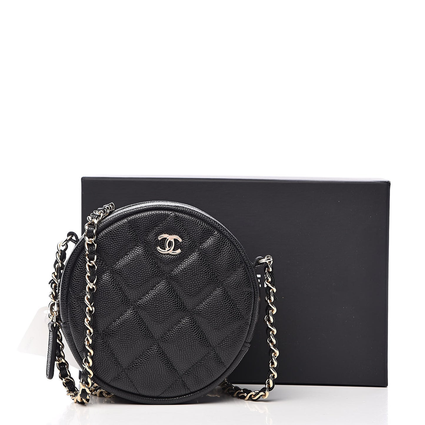 Caviar Quilted Round Clutch With Chain Black