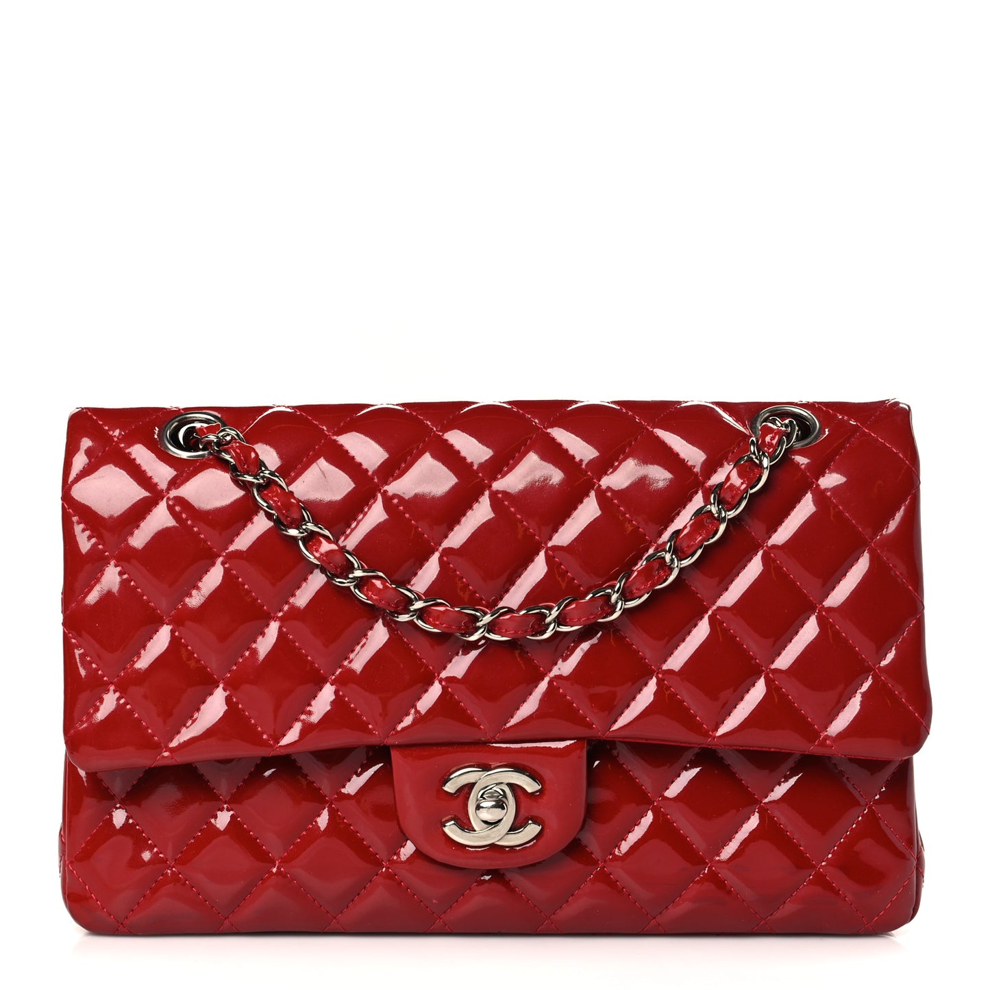 Patent Calfskin Quilted Medium Double Flap Dark Red
