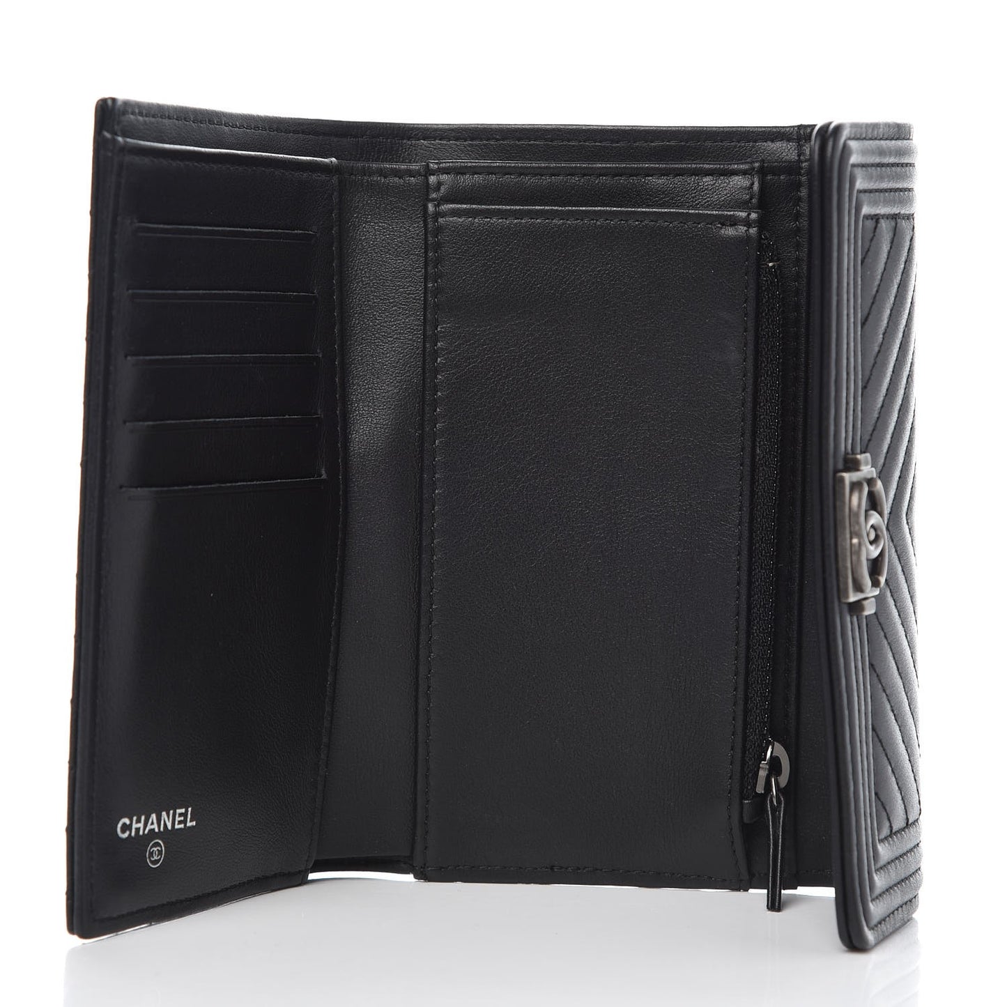Calfskin Chevron Quilted Medium Boy Flap Wallet Black
