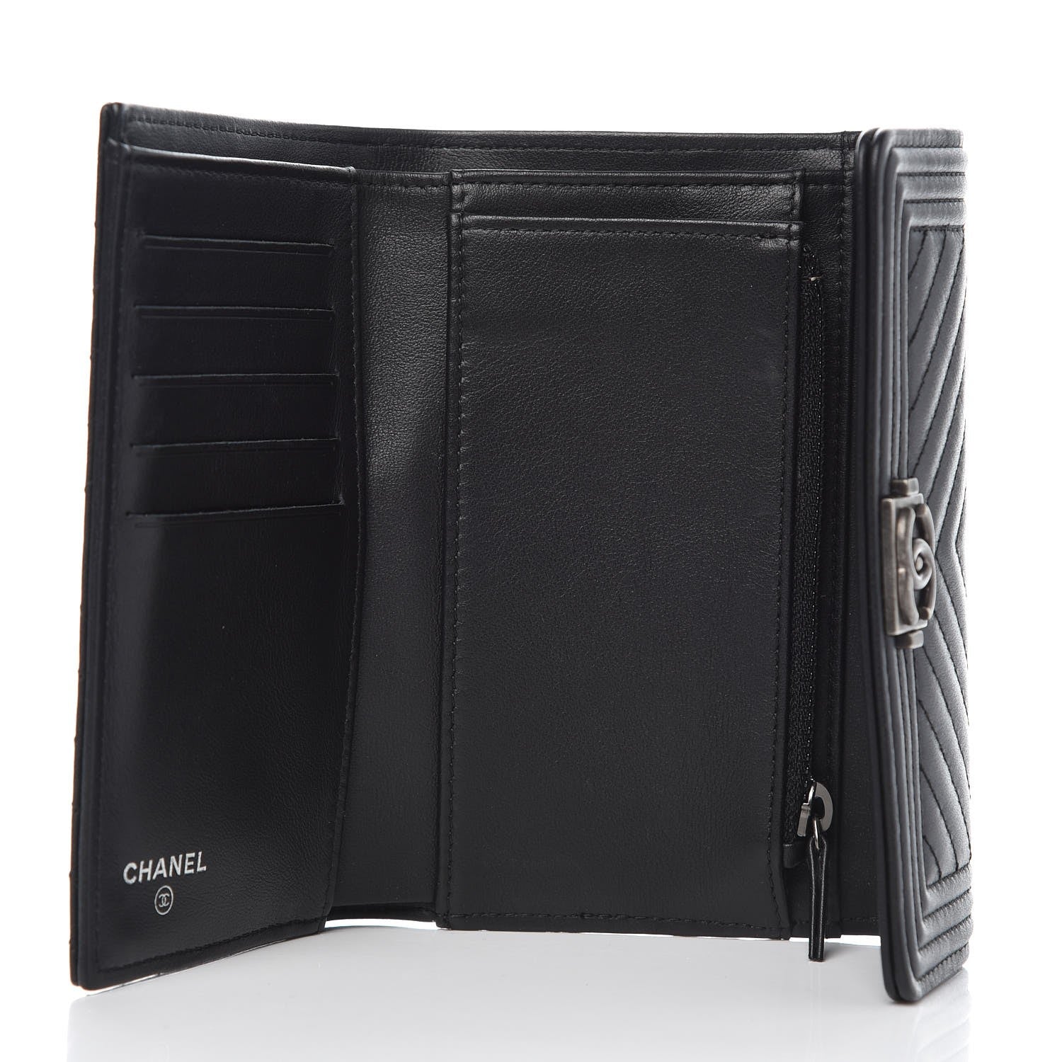 Chanel Calfskin Chevron Quilted Medium Boy Flap Wallet Black 5 of 8