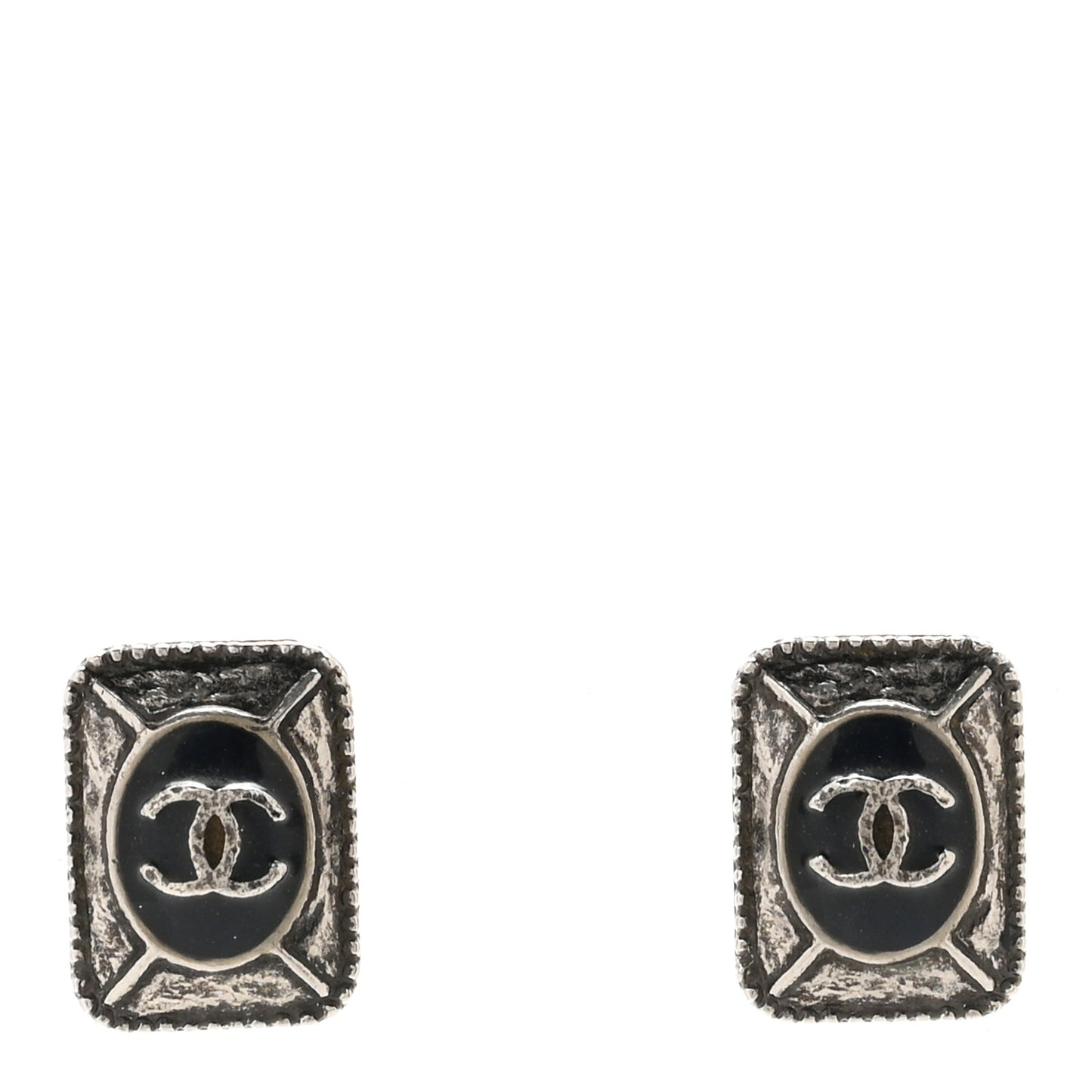 Enamel CC Clip On Earrings Black Silver