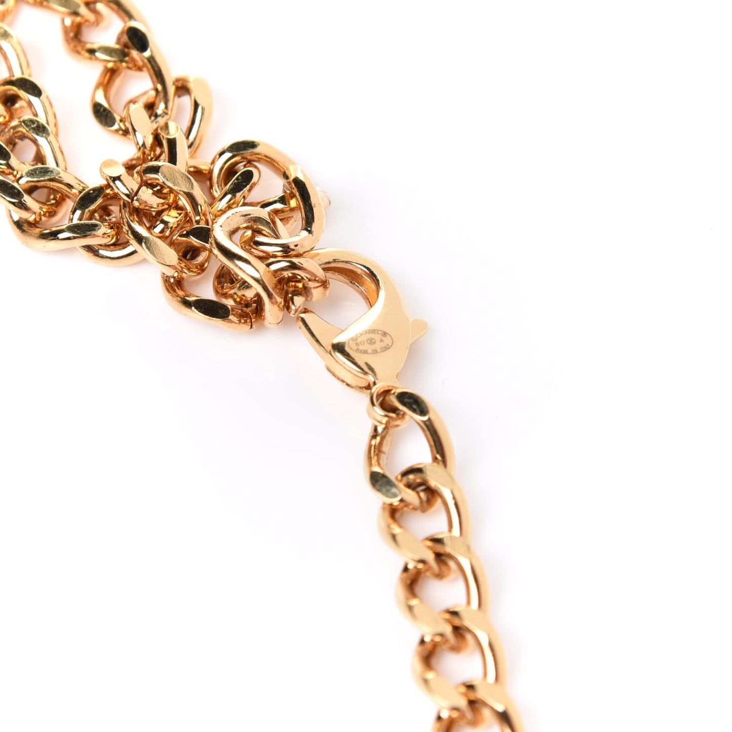 Glazed Calfskin Crystal CC Camellia Long Necklace Gold