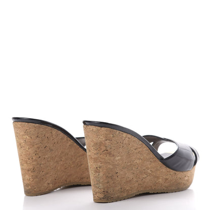 Jimmy Choo Patent Calfskin Perfume Cork Wedge Sandals 38 Black 4 of 11