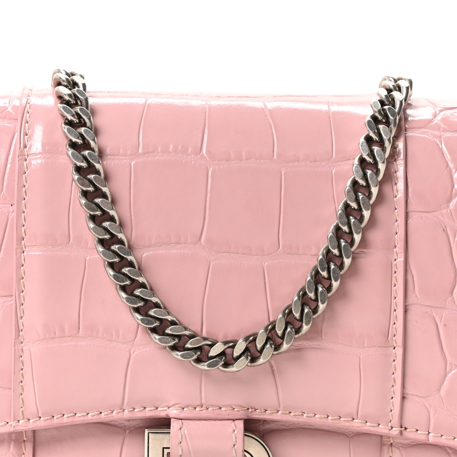 Balenciaga Shiny Calfskin Crocodile Embossed Hourglass Chain Bag Powder Pink 7 of 9